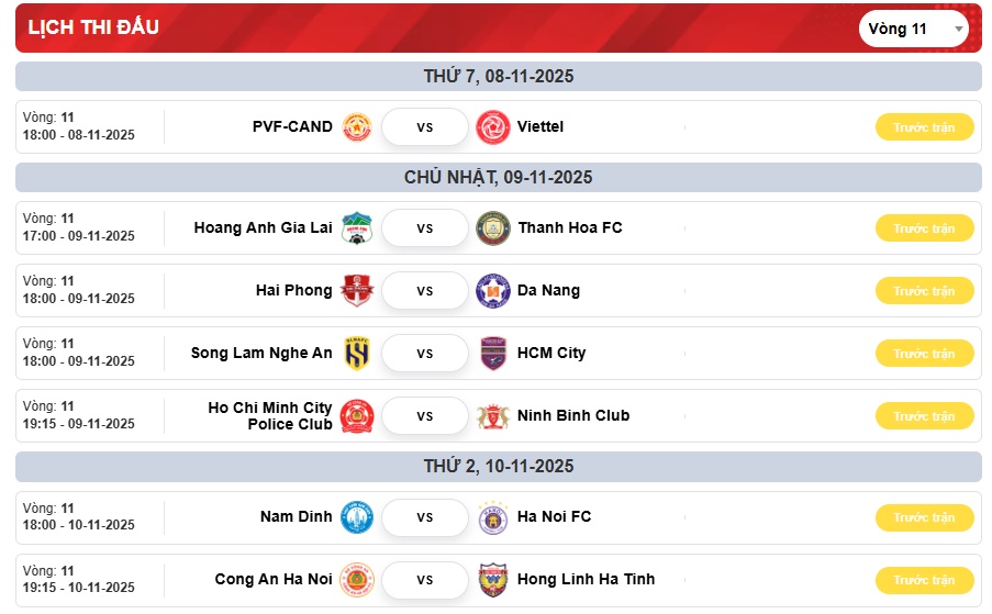 Lịch thi đấu vòng 11 V-League. Ảnh: BongDa.com.vn