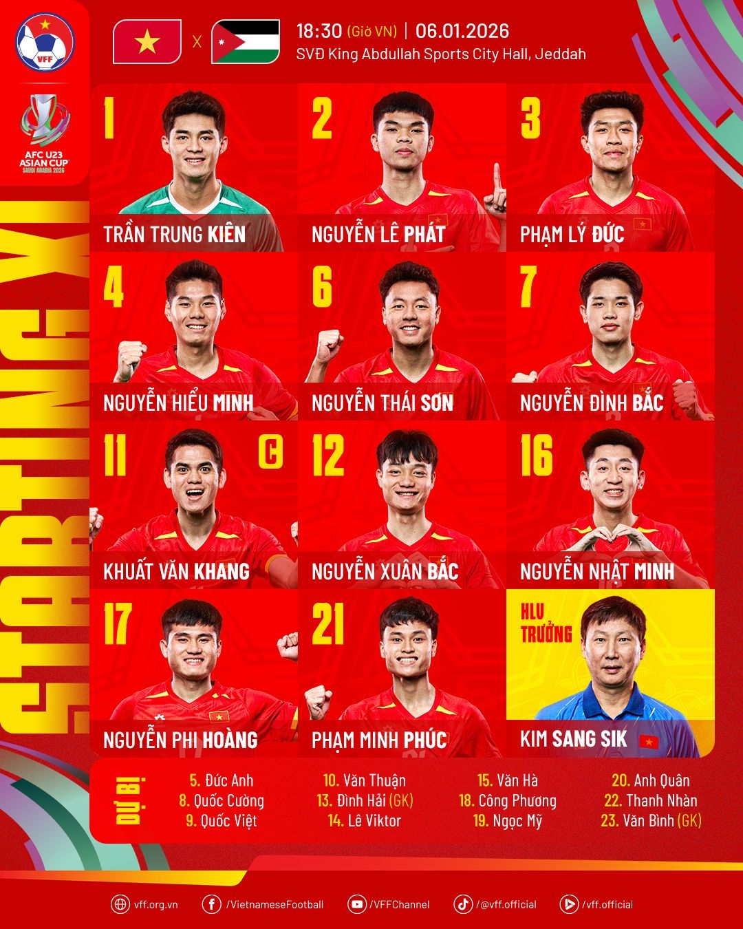 Đội h&igrave;nh ra s&acirc;n của U23 Việt Nam trước U23 Jordan. Ảnh: VFF.