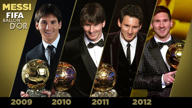 Messi và bộ sưu tập 4 Quả bóng vàng từ 2009 đến 2012.