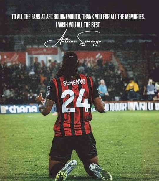 Semenyo đăng tải th&ocirc;ng điệp tri &acirc;n Bournemouth.