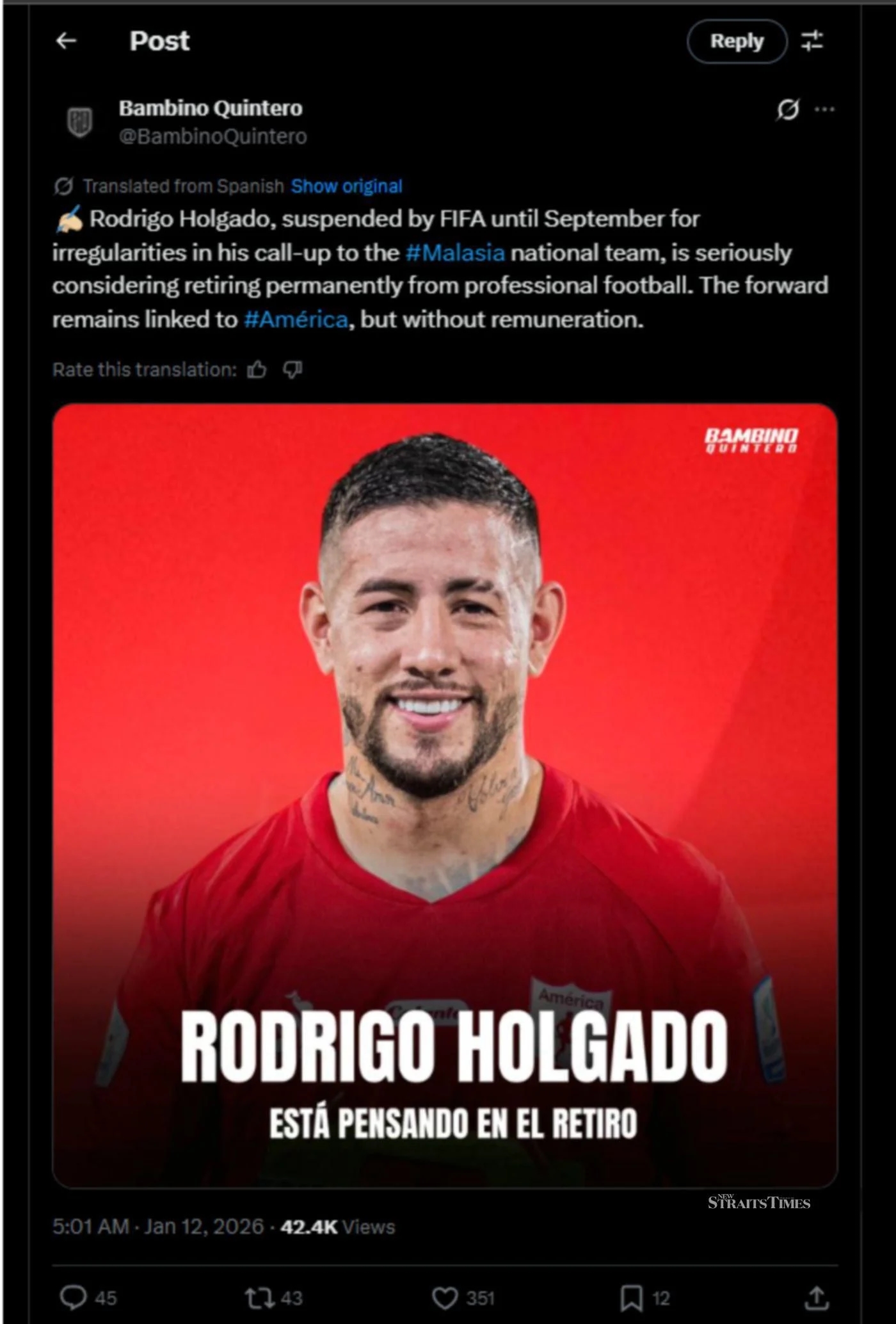 Nh&agrave; b&aacute;o Bombiro Quintero đăng tải tr&ecirc;n trang c&aacute; nh&acirc;n.