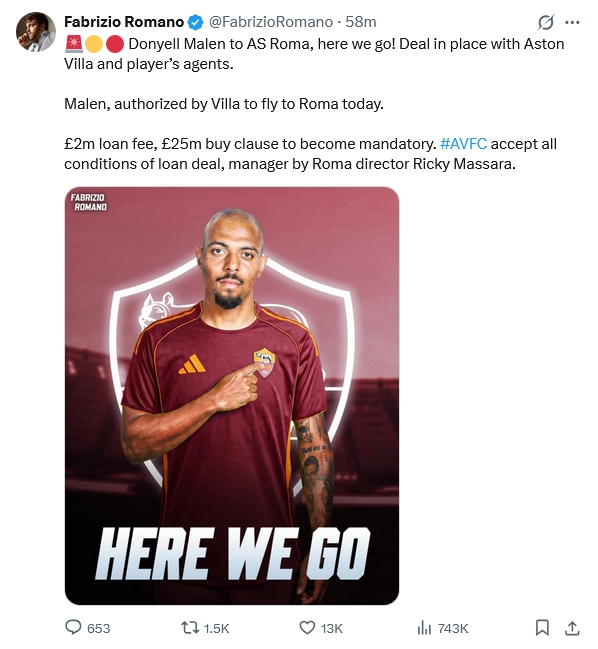 Chuy&ecirc;n gia Fabrizio Romano x&aacute;c nhận thương vụ Donyell Malen. Ảnh chụp m&agrave;n h&igrave;nh.