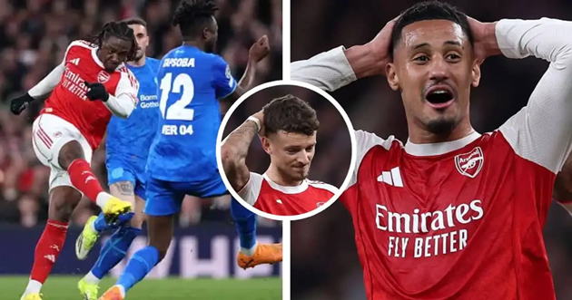 Saliba v&agrave; White kinh ngạc v&igrave; b&agrave;n thắng si&ecirc;u phẩm của Eze.