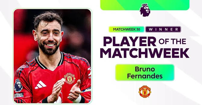 Ảnh bài viết Giúp MU đua top 4, Bruno ẵm danh hiệu hay nhất vòng 30
