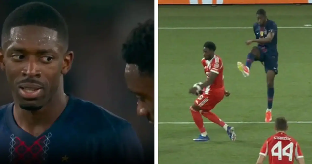 Phản ứng của Dembele khi Davies phân trần việc để bóng chạm tay.