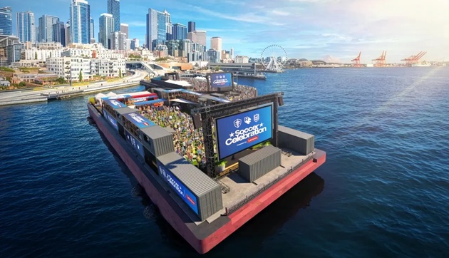 Hình ảnh mô phỏng Lễ hội bóng đá Seattle tại Vịnh Elliott, bến tàu 62.