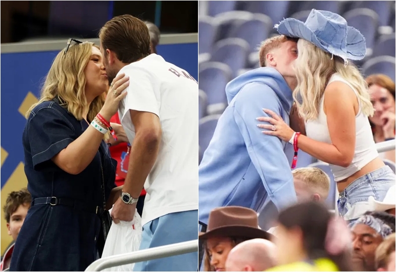 Vợ Harry Kane và Jordan Pickford cùng trao cho chồng những nụ hôn ngọt ngào.