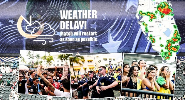 Trận Scotland và Brazil có thể bị hoãn vì thời tiết cực đoan.