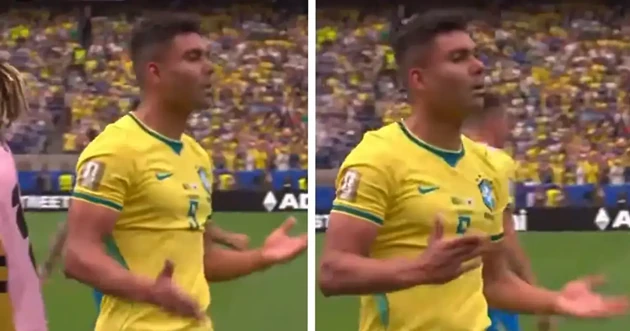 Cử chỉ tay của Casemiro sau khi ghi bàn thắng quan trọng cho ĐT Brazil. Ảnh: X