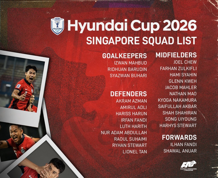 Danh sách 25 cầu thủ Singapore tham dự ASEAN Cup 2026. Ảnh: FAS.
