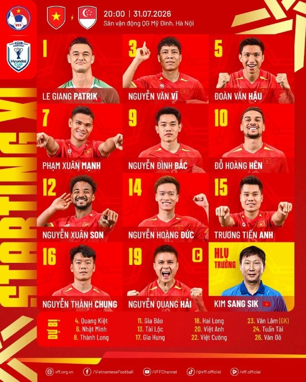 Đội h&igrave;nh ra s&acirc;n của ĐT Việt Nam trước Singapore. (Ảnh: VFF)