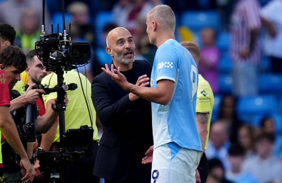 Haaland vẫn cho thấy sự đ&aacute;ng gờm của m&igrave;nh d&ugrave; Man City đ&atilde; bước sang kỷ nguy&ecirc;n mới. Ảnh: Nick Potts/Getty Images.