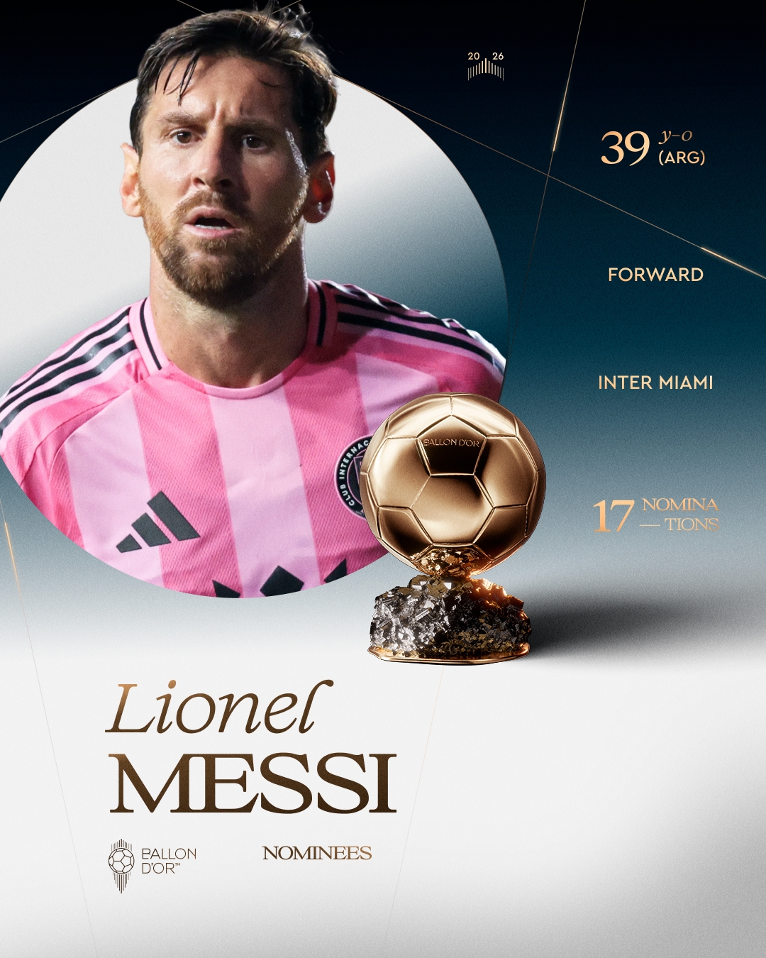 Lionel Messi l&agrave; 1 trong 30 ứng vi&ecirc;n cho danh hiệu Quả b&oacute;ng V&agrave;ng nam 2026. Ảnh: Ballon d'Or/X.com.